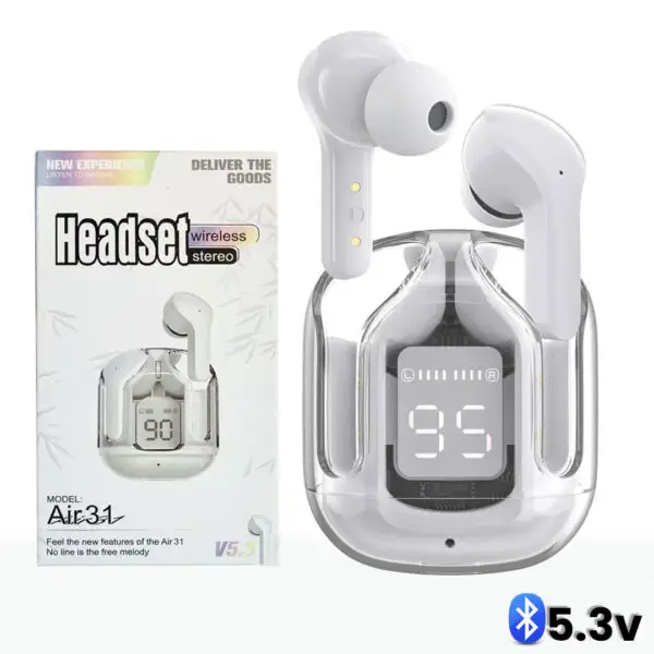 AIR 31 TWS ORIGINAL WITH BIG PACKING TRANSPARENT EARBUDS BLUETOOTH 5.3V Green - Image 3
